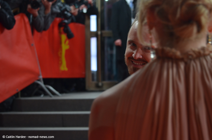 Aaron Paul with "A Long Way Down" costar Toni Collette at the 2014 Berlinale film festival.
