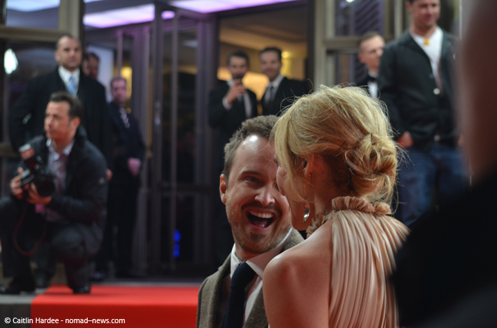 Aaron Paul with "A Long Way Down" costar Toni Collette at the 2014 Berlinale film festival.