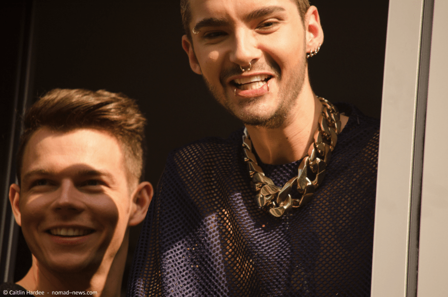 Tokio Hotel vocalist Bill Kaulitz and bassist Georg Listing greet the fans at radio SAW in Magdeburg. Copyright: Caitlin Hardee
